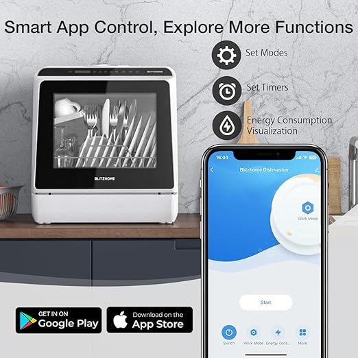 BLITZHOME Portable Dishwasher Countertop, WIFI Smart Dishwasher, Compact Dishwashers with 5L Built-in Water Tank, 6 Programs, 360° Dual Spray, High-Temp& Air-Dry Function, Fruit Cleaning