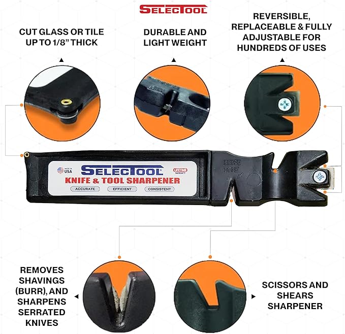 Selectool Tool and Knife Sharpener MultiTool Blade Sharpener for Kitchen Knives, Pocket Knife, Tools, Scissors, Axes & More, EDC Gadgets for Outdoor Hunting and Fishing, Effortless, Made in USA, 1 pc