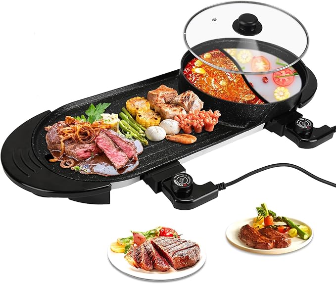 2-in-1 Electric Hot Pot & Korean BBQ Grill, 2200W Smokeless Non-Stick Indoor Combo with Dual Temperature Control, Shabu Shabu Hot Pot w/Large Capacity Tray, 5 Firepower Settings for 2-12 People, 110V