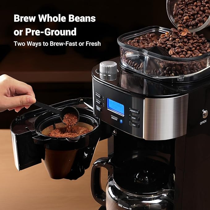 Gevi 10-Cup Drip Coffee Maker with Built-in Burr Grinder & Programmable Timer, 1.5L Water Tank, Auto Keep-Warm, Reusable Filter - Fresh Ground Coffee Machine (Black)