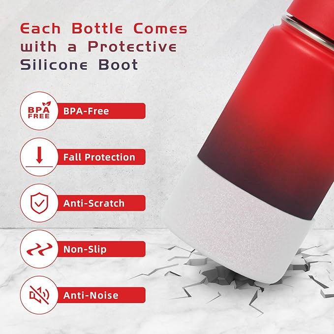 Volhoply 14oz KIds Water Bottle with Straw Lid and Silicone Boot Bulk 6 Pack,Stainless Steel Insulated Bottles for Boys & Girls Multipack, Double Wall Vacuum Leakproof Bottles(Red Purple,6)