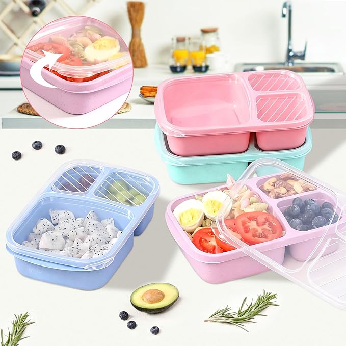 8 Pack Adult Lunch Box Set, Reusable 3-compartment food containers, Microwave and Dishwasher Safe (8 light colors)