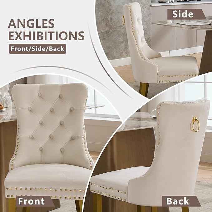 Velvet Dining Chairs Set of 6, Kitchen & Dining Room Chairs, Upholstered Dining Chairs with Back Ring Pull and Golden Solid Wood Legs, Modern Tufted Kitchen Chairs for Dining Room, Cream