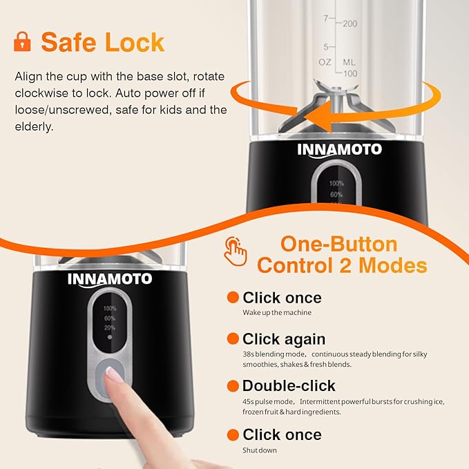 Cordless Portable Personal Size Blender - 20oz Mini Blender for Smoothies and Shakes, BAP Free Juice Cup With Leak-proof Travel Lid, Type-C Rechargeable Freshly Squeezed in Picnic/Office/Gym