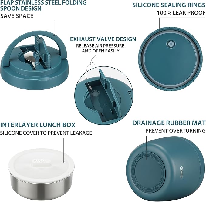 wiwens Thermo Food Jar for Hot Food Adults 32OZ Soup Thermo Lunch Containers Wide Mouth Vacuum Insulated Stainless Steel Leakproof Bento Box with Spoon (lake blue)
