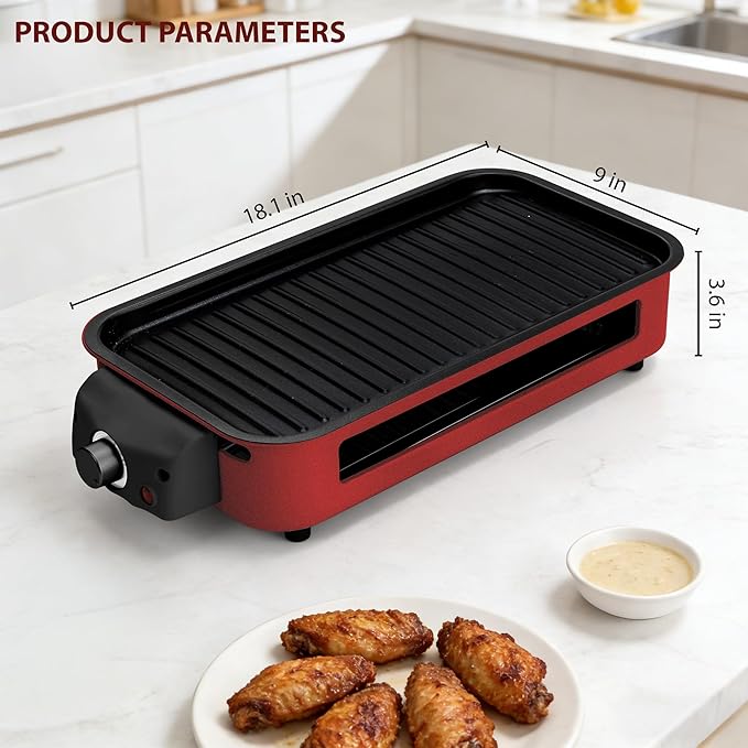 Pukomc Electric Indoor Grill,2 in 1 Indoor Grills for Kitchen with Grill Net & Non-Stick Cooking Removable Plate, Temperature Control, Dishwasher Safe, 1700W RED
