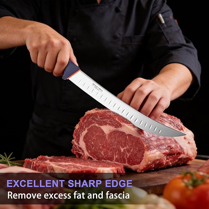 12 Inch Carving Knife, Brisket Slicing Knife with Granton Edge, X50CrMoV15 Stainless Steel Butcher Knife for Meat Cutting, BBQ & Turkey
