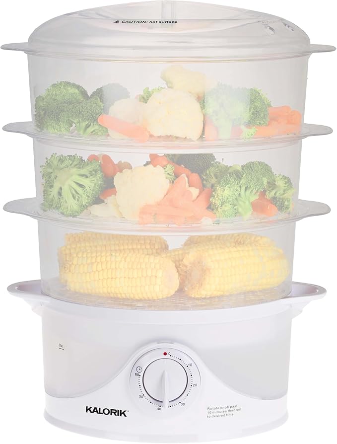 Kalorik Electric Food Steamer with Manual Controls 3-Tier with BPA Free Dishwasher Safe Baskets, 800 Watts and 60-Minute Timer Turbo Steam Feature and Easy Refill, 9-Quarts, White