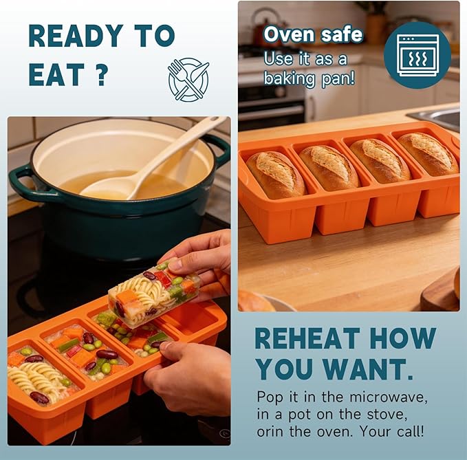 4 Pack Silicone Freezer Trays with Lid - Multi-Size 1-Cup & 2-Cup Portions, Food-Grade Silicone Freezer Molds for Soup & Meal Prep - Large Freezer Storage Containers, Oven & Dishwasher Safe - Orange