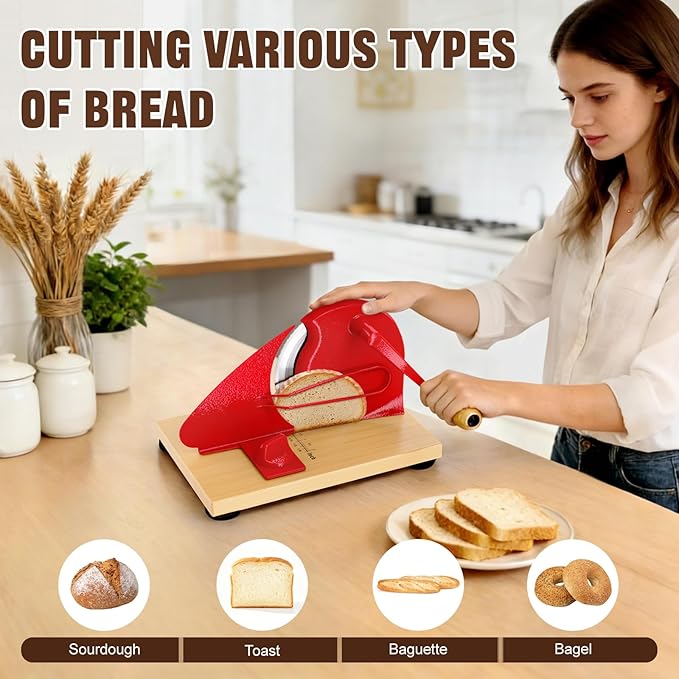 Upgrade Manual Bread Slicer for Homemade Sourdough Bread, Adjustable Thickness with Stainless Steel Serrated Blade, Even Slicing Guide, Non-Slip Suction Cups – Ideal for Home Kitchens and Bakeries