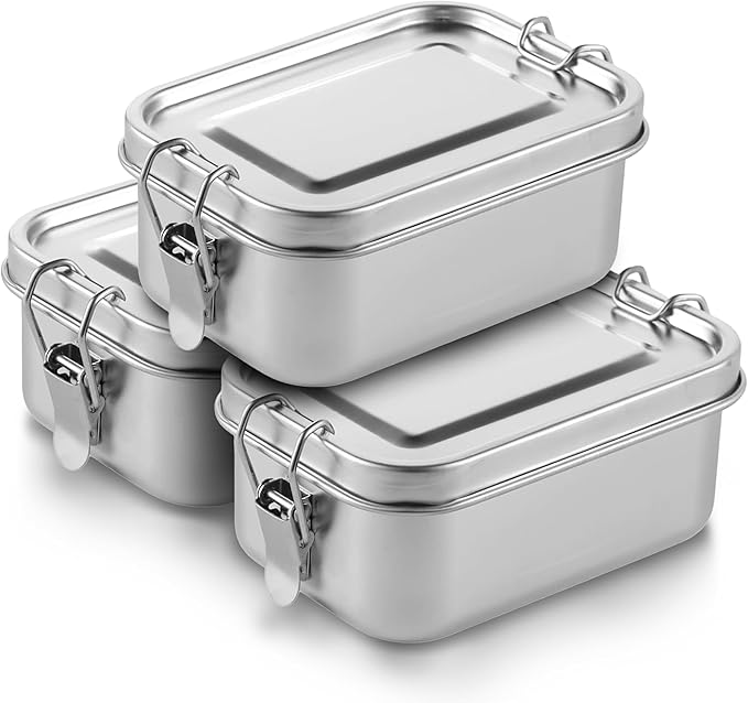 3-Pack 550ml (18.6 oz) Stainless Steel Bento Lunch Box Containers with Lids - Waterproof Metal Food Storage - Snack Prep Trays and Tiffin Carriers
