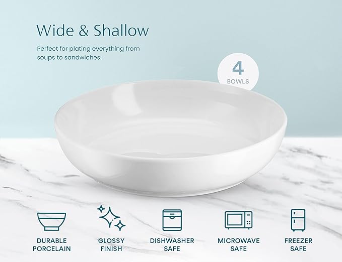 KooK Pasta Bowl, Salad Bowls, Bowls, Serving Bowls, Soup, Ceramic, Large Capacity, Microwave & Dishwasher Safe, Set of 4, 40 Oz, (White)
