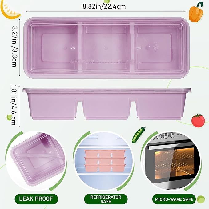 Hushee 25 Pack 17 oz Small Meal Prep Containers with 3 Compartments Snack Containers with Lid Disposable Plastic Bento Box Travel Lunch Food Boxes Stackable for Office Picnic (Purple,Pink,Mint Green)