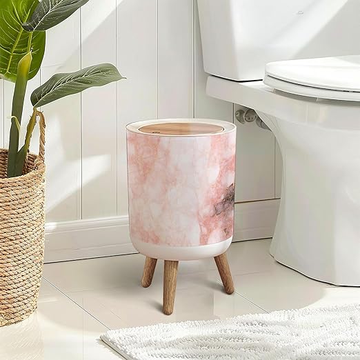 Trash Can with Lid Pink Marble Texture Abstract Marble Texture Press Top Round Small Garbage Bin with Wooden Legs Waste Basket for Kitchen Bedroom Nursery 7L/1.8 Gallon
