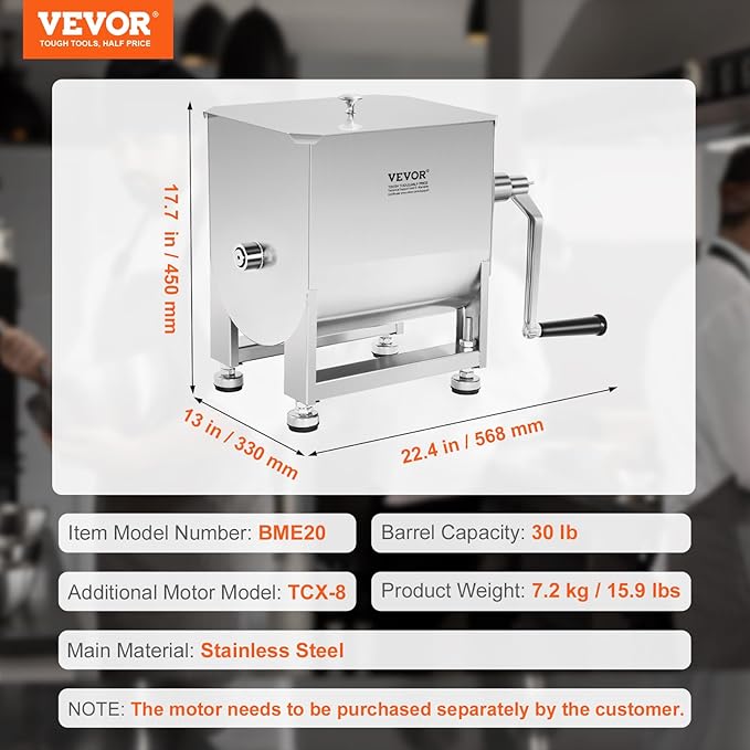VEVOR Manual Meat Mixer, 30 Pound Capacity Tank Meat Processing Equipment, Stainless Steel Meat Mixer, Sausage Mixer Machine with Lid and Handle, Ground Beef Hand Mixer, Silver