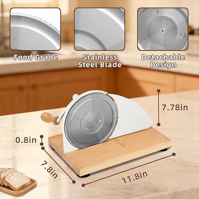 Manual Bread Slicer for Homemade Sourdough Bread Adjustable Thickness Bread Cutter with Hand Crank, Slicing Guide, Scale Line, Stainless Steel Blade & Suction Cups, for Perfect Even Slices (Cream)