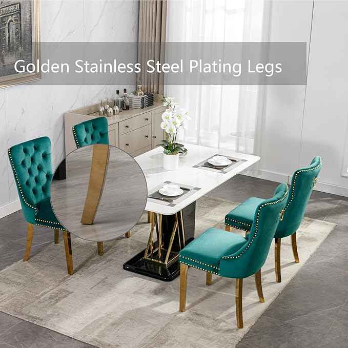 Velvet Dining Room Chairs Set of 4, Upholstered Dining Chairs with Back Ring Pull Trim and Golden Stainless Steel Legs,Modern Dining Chair Perfect for Dining Room,Living Room,Kitchen(Green)