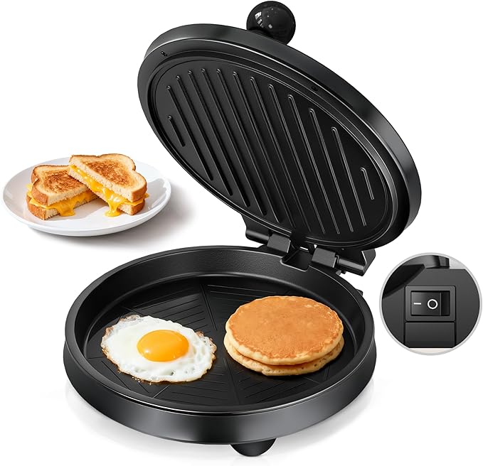 3-in-1 Electric Griddle & Panini Press - CACHOO 8" Nonstick Round Griddle and Sandwich Press with On/Off Switch, 180° Open Design, Perfect for Pancakes, Omelettes, Quesadillas, Veggies (Black)