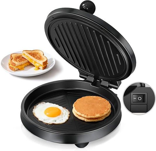 3-in-1 Electric Griddle & Panini Press - CACHOO 8" Nonstick Round Griddle and Sandwich Press with On/Off Switch, 180° Open Design, Perfect for Pancakes, Omelettes, Quesadillas, Veggies (Black)
