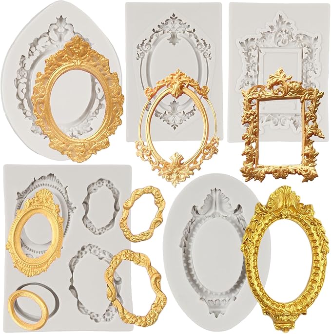Photo Frame Fondant Molds Picture Frames Silicone Mold Vintage Frame Molds For Cake Decoration Cupcake Topper Chocolate Candy Polymer Clay Gum Paste Set of 5