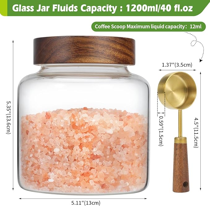 Glass Food Storage Jar with Lids Spoon Thicken Glass Coffee Canister Borosilicate Glass Food Containers for Ground Coffee Beans Nut Pasta Sugar Candy Spice Rice Loose Tea (1200ml(40oz) B)