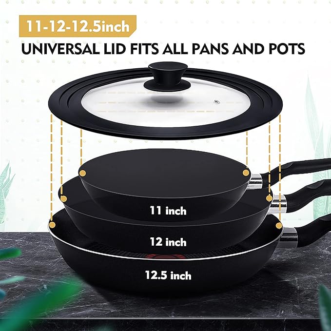 Ydeapi Universal Lid for Pots, Pans and Skillets, Pot Lid With Heat Resistant Silicone Rim and Tempered Glass, Fits 11", 12", 12.5" Diameter Pots and Pans