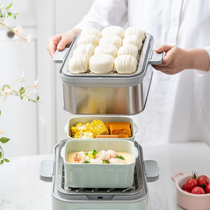 BUYDEEM G52 10.6 Quart 2-Tier Electric Food Steamer for 4-8 Servings, Vegetable Steamer for Cooking, 2-hour Keep Warm, 7 Preset Timings, Dual Boil-Dry Protection, Stainless Steel, Cozy Greenish