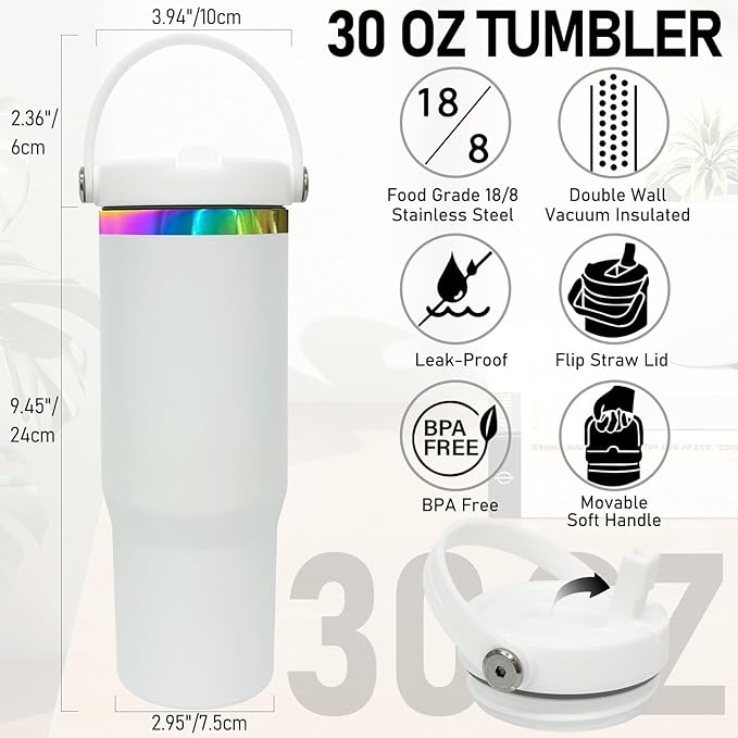 30 oz Tumbler with Handle and Straw, Vacuum Insulated Tumblers with Flip Straw and Top Handle, Leakproof Powder Coated Tumbler, Stainless Steel Travel Mug for Coffee Water (White)