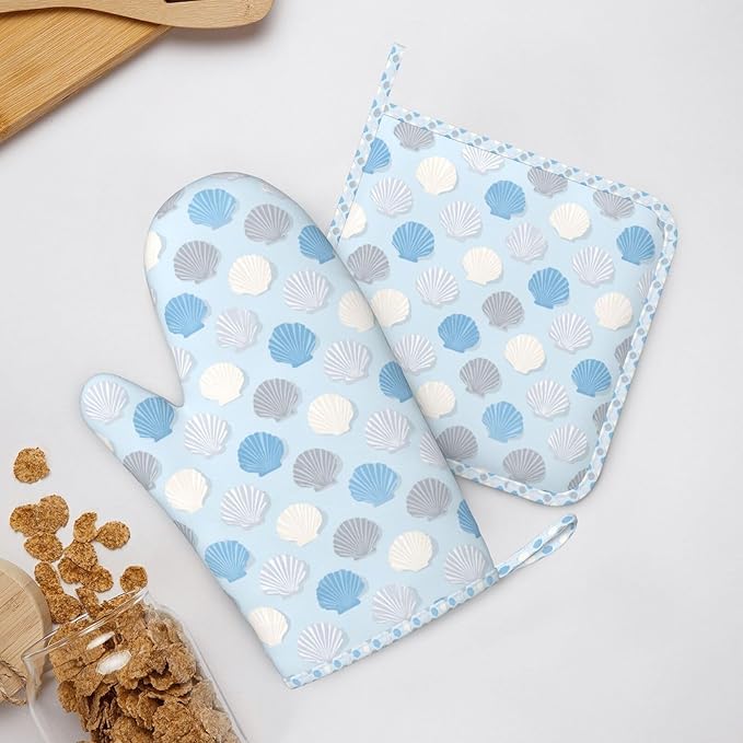 Oven Mitts and Pot Holders Summer Seashell Blue Pastel Silicone Kitchen Accessories Set of 4 Heat Resistant Long Gloves Potholder Non-Slip Grip for Chef Baking Cooking Grilling BBQ