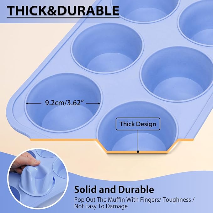 Jumbo Silicone Muffin Pan with Metal Frame, Non Stick Silicone Cupcake Pan with Handles 6 Cup, BPA Free Silicon Muffin Tin Tray Extra Large for baking, egg bites, Cupcake Mold Blue