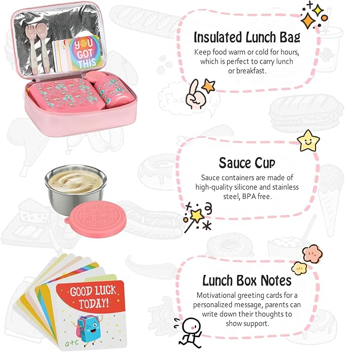 Itslife Bento Lunch Box Set for Kids with 12oz Soup Thermo&Lunch Bag, Leak-Proof Lunch Food Containers for Kids School, 5 Compartment, Sauce Cup, 10 Notes (Mermaids Pink)