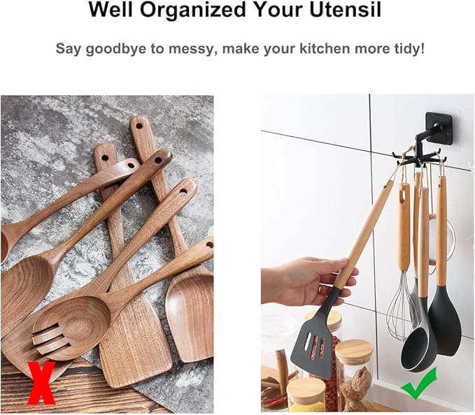 Kitchen Utensil Hanger with 6 Hooks, 2 Pack Under Cabinet Utensil Holder 360° Rotatable Kitchen Hooks Utensil Rack Space Saving No Drilling Nail Free Kitchen Utensil Organizer for Wall, Black