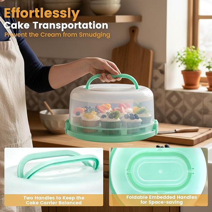 HANSGO Cake Carrier with Lid and Handle, Extra Deviled Egg Containers, Cake Holder for 10 inch Cakes with 2 Handles, 11 Capacity Cupcake Carrier, Two Sided Base for Nuts, Fruits, Muffins, Pies, Pizza