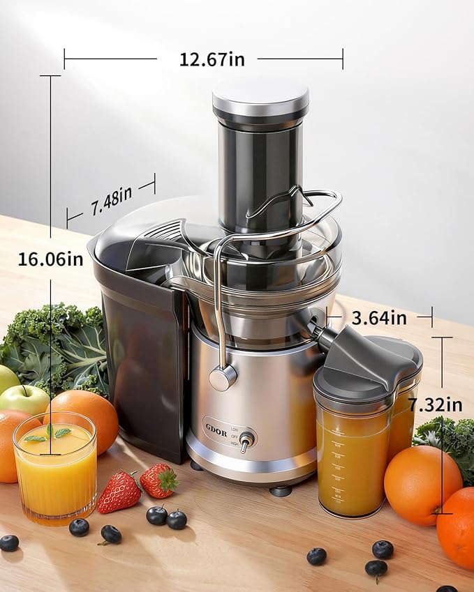 GDOR Powerful 1200W Juicer with Larger 3.2" Feed Chute, Titanium Enhanced Cutting System, Centrifugal Juice Extractor Maker with Heavy Duty Full Copper Motor, Dual Speeds, BPA-Free, Silver