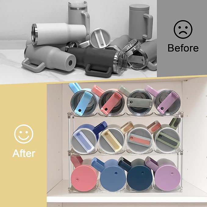 Stackable Water Bottle Organizer for Cabinet - Acrylic Tumbler Organizer Storage Rack for Stanley 40oz, Stanley Cup Holder, Pantry Kitchen Organizers and Storage for Stanley Cup, Holds 12 Bottles
