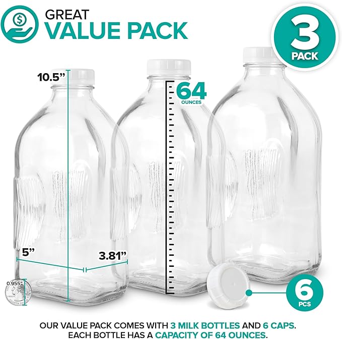Stock Your Home Half Gallon Glass Milk Bottle with Lid (3 Pack) 64 Oz Jugs and 6 White Caps, Reusable Food Grade Milk Container for Refrigerator, Bottles for Juice, Oat or Plant Milks, Water, Honey