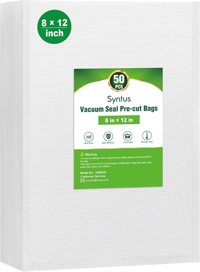 Syntus Vacuum Sealer Bags for Food, 50 Count Quart 8" x 12" Commercial Grade PreCut Bag, BPA Free Food Vac Bags for Storage, Meal Prep or Sous Vide