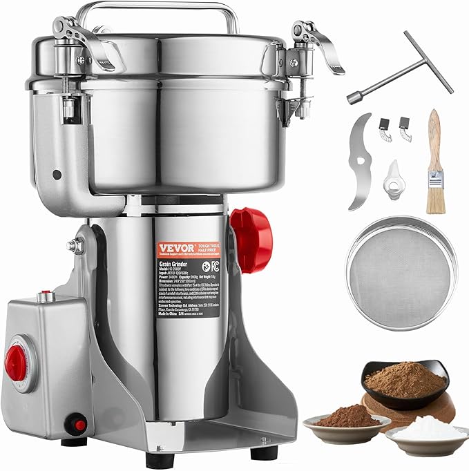 VEVOR 2000g Electric Grain Mill Grinder, High Speed 3400W Commercial Spice Grinders, Stainless Steel Pulverizer Powder Machine, for Dry Grains Spices Cereals Coffee Corn Pepper, Swing Type