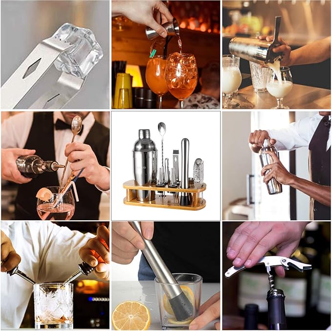 12-Piece Cocktail Shaker Set with Stand – 25oz Bartender Kit Including Shaker Jigger Muddler Bar Spoon Strainer Tongs 4 Pourers & Opener – Gift Box for Home Entertaining
