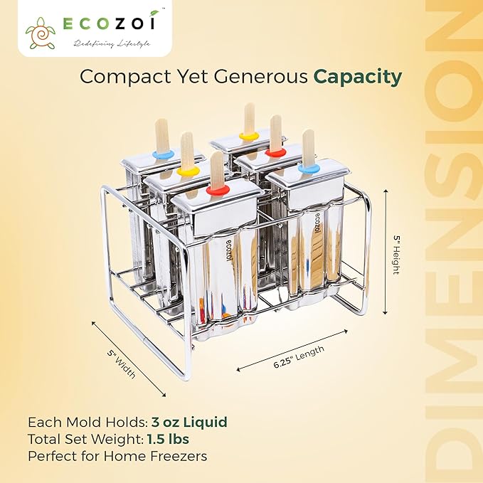 Ecozoi Stainless Steel Popsicle Molds and Rack - 6 Square Ice Pop Makers + 30 Reusable Bamboo Sticks + 12 Silicone Seals + 1 Cleaning Brush +1 Rack