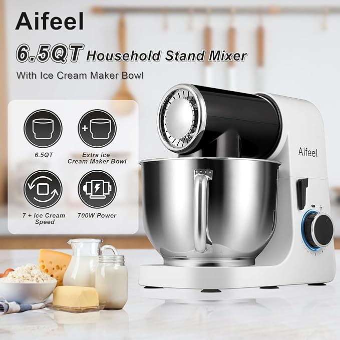 Aifeel Stand Mixer, 6.5QT Mixer with Ice Cream Maker Attachments, Kitchen Electric Mixer Multifunctional Bread Dough Mixer with Dough Hook,Whisk & Beater, Food Mixer for Baking (Black-White)
