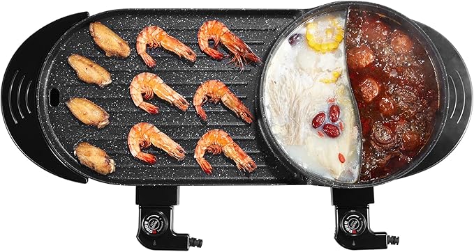 VEVOR Hot Pot with Grill, 2200W 2-in-1 Electric Smokeless Grill and Hot Pot, Korean BBQ Shabu Shabu Hotpot with Separate Dual Temperature Control, Non-stick Pan, for 1-6 People Family Dinning