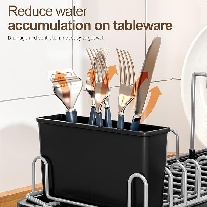 Compact Dish Drying Rack for Countertop, Small-Sized for Dorms, RVs & Tiny Kitchens, Auto-Drain, Adjustable Slots, Rust-Resistant with Utensil Caddy & Sponge Holder (Black)