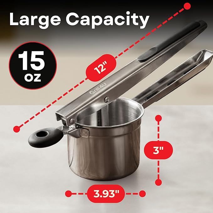 Large 15oz Potato Ricer - Professional 430 Stainless Steel Masher for Fluffy Mashed Potatoes, Gnocchi, Guacamole & Baby Food - Ergonomic Non-Slip Handles, Heavy Duty & Dishwasher Safe Kitchen Press
