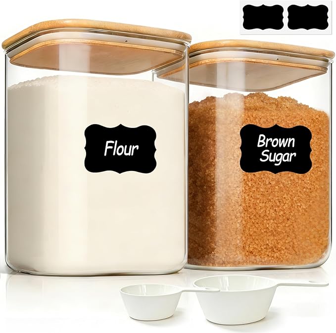 ComSaf 2Pcs Large Glass Storage Containers with Lids 4Qt, 1 Gallon Wide Mouth Flour Sugar Storage Containers, Large Capacity and Sealed for Rice, Cereal, Oat, Easy Clean and Scoop, Pantry Organization
