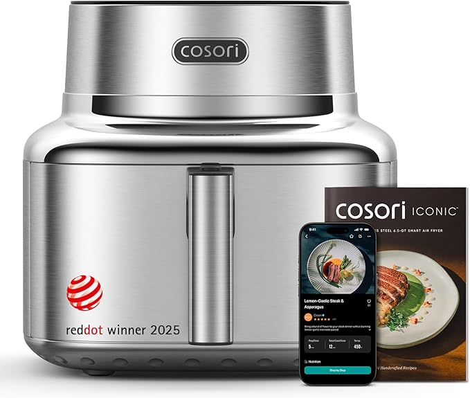Cosori Iconic Stainless Steel 6.5 Qt Smart Air Fryer, PFAS-Free Ceramic Coating, Max 450°F, Consistent Cooking, Air Fry, Roast, Bake, Dry, Proof, Reheat, Dishwasher-Safe Basket, Chef-Crafted Recipes