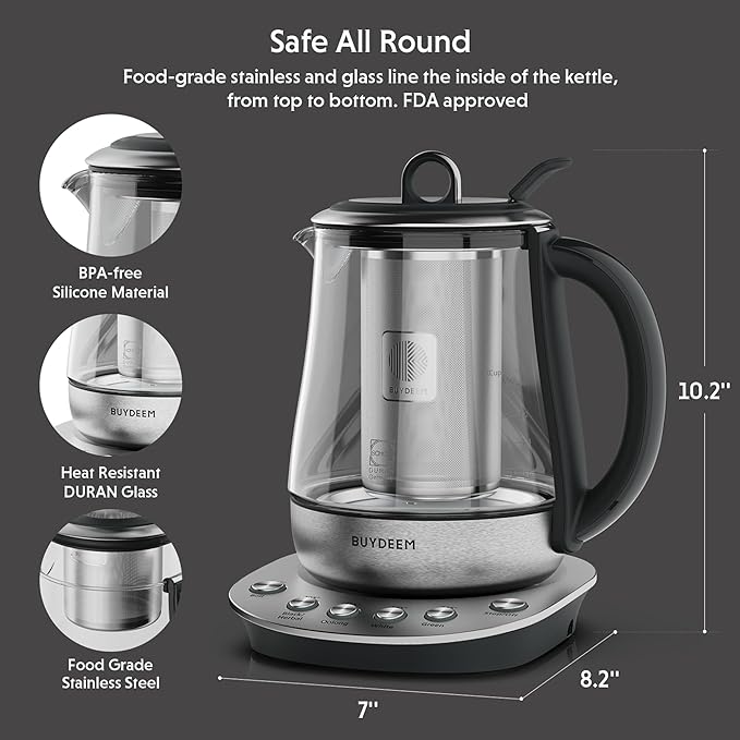 BUYDEEM K2423 Tea Maker, 316 Stainless Steel & Heat Resistant DURAN Glass Electric Kettle, 5 Temperature Settings, Removable Infuser, Auto Keep Warm, 1.2L