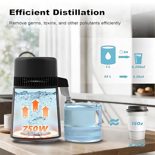 ROVSUN 1.1 Gallon/4L Water Distiller, Countertop Distilled Water Machine with BPA-Free Container, Distilled Water Maker Purifier with Flame-Retardant Material & Stainless Steel Interior, 750W, Black
