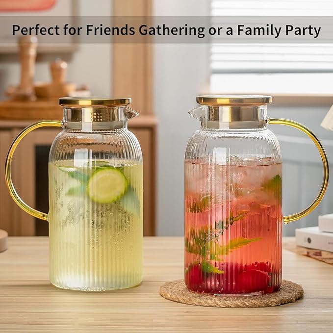 Buaic Glass Pitcher with Lid, 84oz/2.5 Liter Classic Vertical Stripes Water Pitcher,Glass Water Carafe for Cold Brew, Coffee, Lemonade, Iced Sun Tea,Beverage, Milk, Heat Resistant