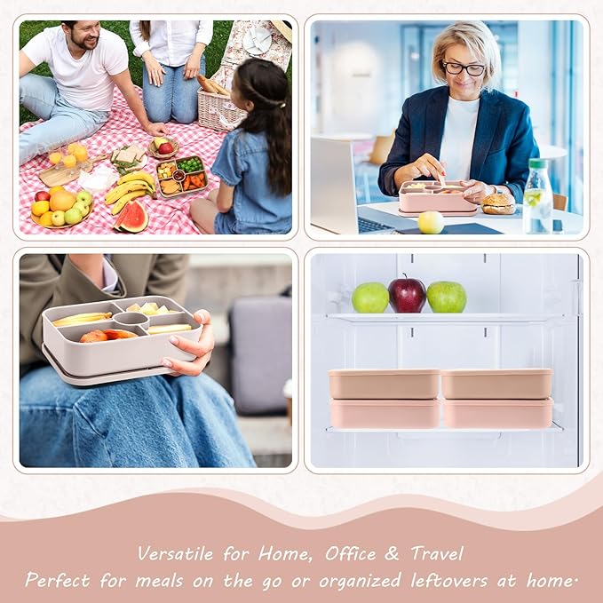 Jingmore 4 Pack Silicone Bento Boxes for Adults, 5 Compartment Reusable Lunch Containers with Sauce Section, Leakproof Meal Prep Snack Box Microwave & Dishwasher Safe for Office(Light Color)